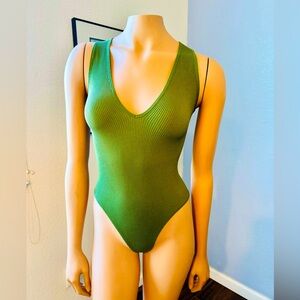 Urban Outfitters Out From Under Olive Green Ribbed Tank Bodysuit, Deep V Front